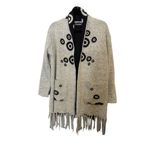 Creation Gray Black Circle Pattern Fringe Hem Cardigan Size L Open Front Wool Bl